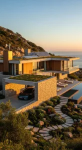 A modern house with stone walls and large glass windows, surrounded by lush greenery and a serene coastline view at sunset.