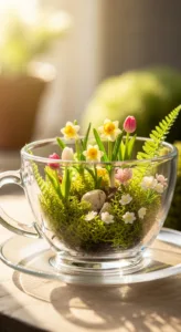 A glass cup contains a miniature garden with colorful flowers and moss, surrounded by soft light and greenery.