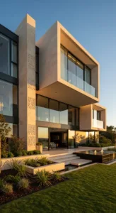 A modern house with large glass windows and stone accents, surrounded by landscaped gardens and a water feature, set against a sunset.