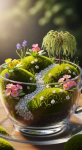 A glass cup contains a miniature garden with mossy hills, colorful flowers, and a small tree, creating a serene landscape.