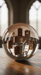 A glass orb contains miniature bookshelves, a globe, a feather, and a desk, all set against a softly blurred background.